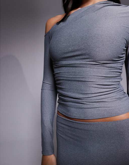 Kaiia exclusive premium cotton touch slinky off shoulder long sleeve top in charcoal gray - part of a set, 3 of 4