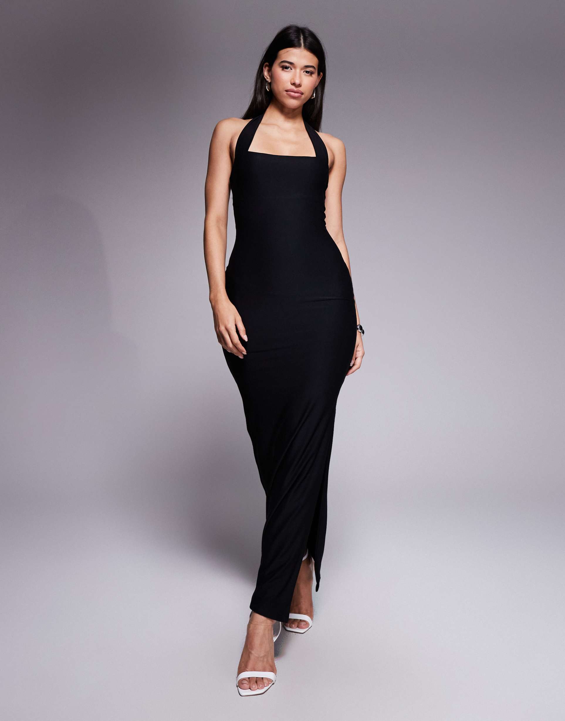 kaiia exclusive premium cotton touch slinky square halterneck maxi dress in black
