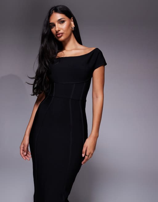 Kaiia exclusive premium sculpting bandage bodycon bardot maxi dress in black, 2 of 4