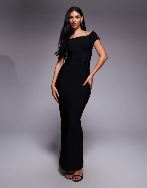 Kaiia exclusive premium sculpting bandage bodycon bardot maxi dress in black, 3 of 4