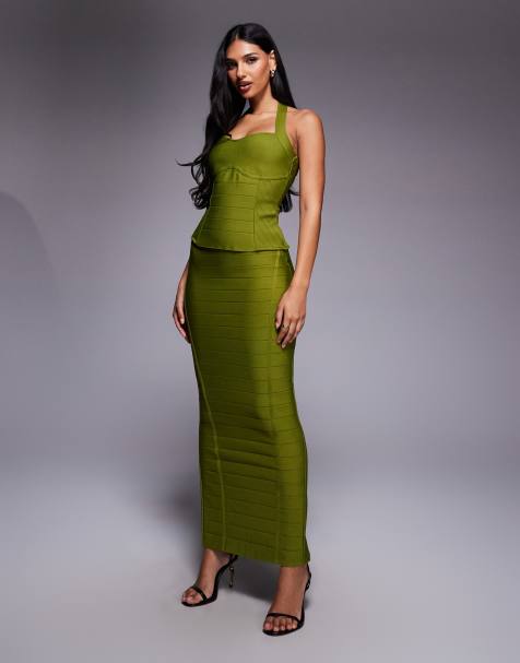 Kaiia exclusive premium sculpting bandage bodycon maxi skirt co-ord in olive - view 1
