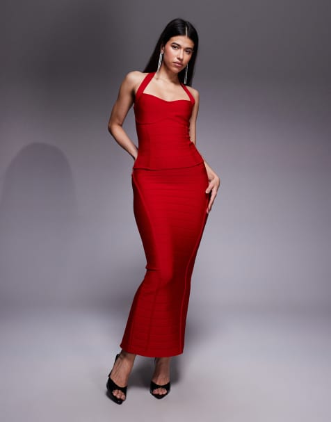 Kaiia exclusive premium sculpting bandage bodycon maxi skirt co-ord in red - view 1
