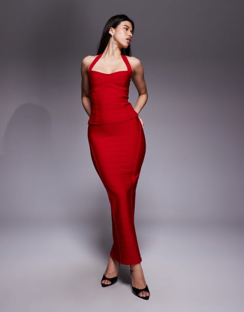 Kaiia exclusive premium sculpting bandage sweetheart halterneck top and maxi skirt set in red - view 1