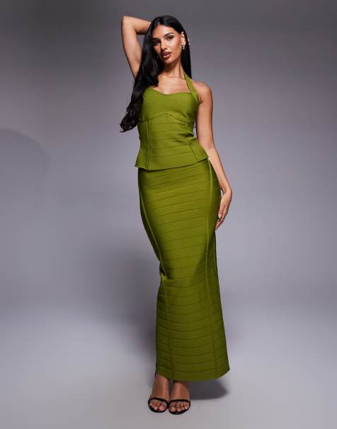 Kaiia exclusive premium sculpting bandage sweetheart halterneck top andbodycon maxi skirt set in olive - view 1