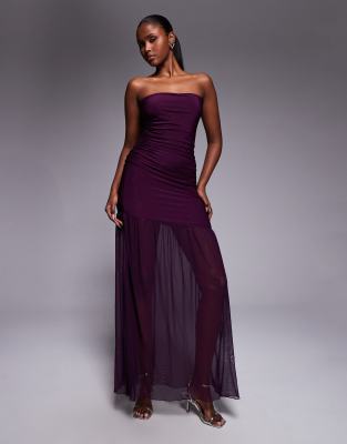 Kaiia Exclusive Premium Slinky Soft Touch Sheer Mesh Hem Bandeau Maxi Dress In Purple