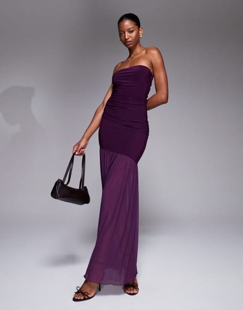 Kaiia exclusive premium  slinky soft touch sheer mesh hem bandeau maxi dress in plum - view 1