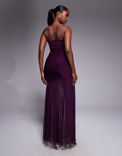 Kaiia exclusive premium  slinky soft touch sheer mesh hem bandeau maxi dress in plum, 4 of 4