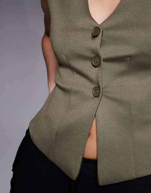Kaiia exclusive premium soft touch button front cinched waist vest top in olive, 4 of 4