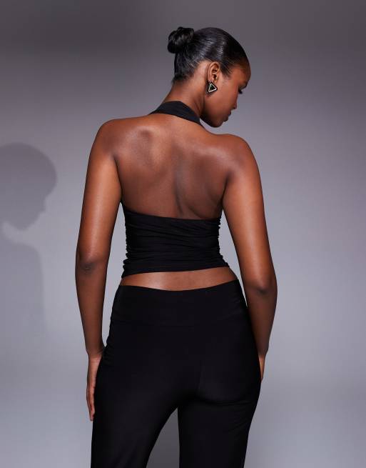 Kaiia exclusive premium soft touch eyelet detail scoop halter neck top co-ord in black, 2 of 4