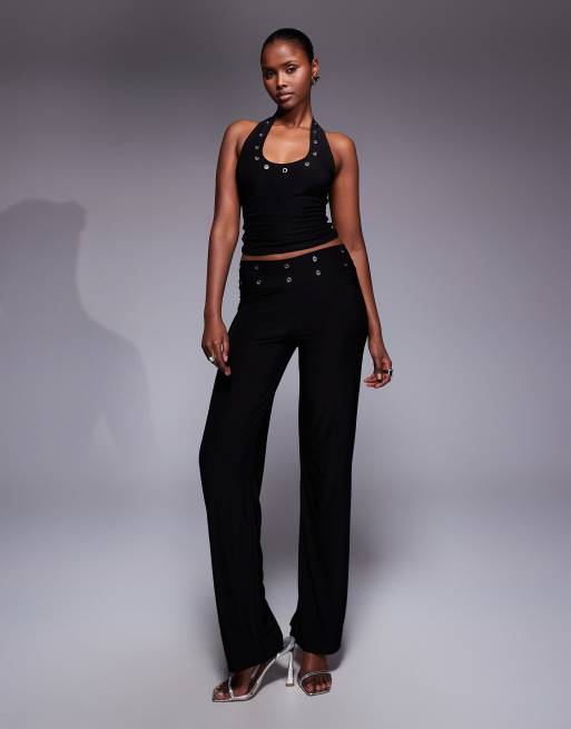 Kaiia exclusive premium soft touch eyelet detail scoop halter neck top co-ord in black, 3 of 4