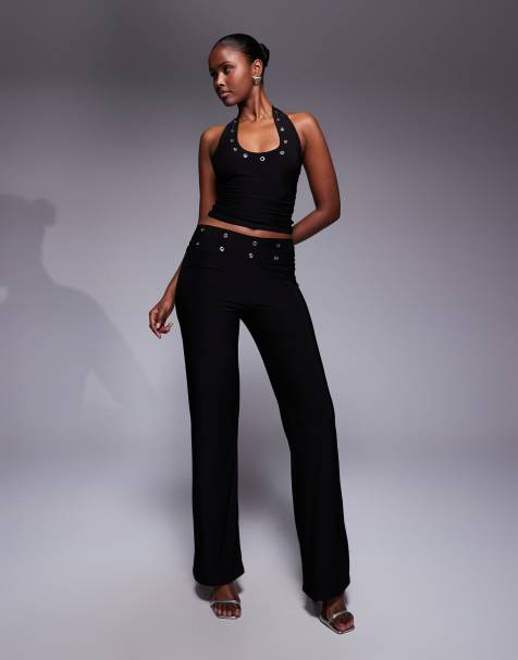 Kaiia exclusive premium soft touch eyelet detail waistband wide leg pants in black - part of a set - view 1