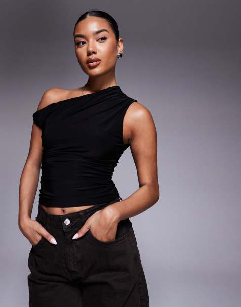Kaiia exclusive double layered slinky off shoulder top in black  