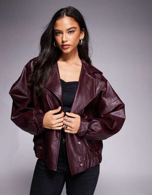 Kaiia exclusive pu oversized bomber jacket in burgundy