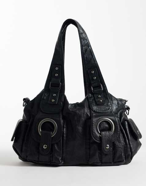 Kaiia exclusive PU silver hardware cargo pocket handbag in black - view 1