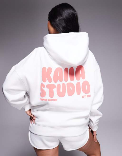 Kaiia exclusive puff printed back graphic logo oversized hoodie in white and red (Part of a set)