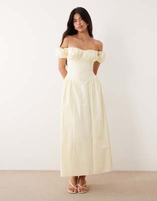 Kaiia exclusive puff sleeve hip pleated detailing cotton milkmaid maxi dress in 