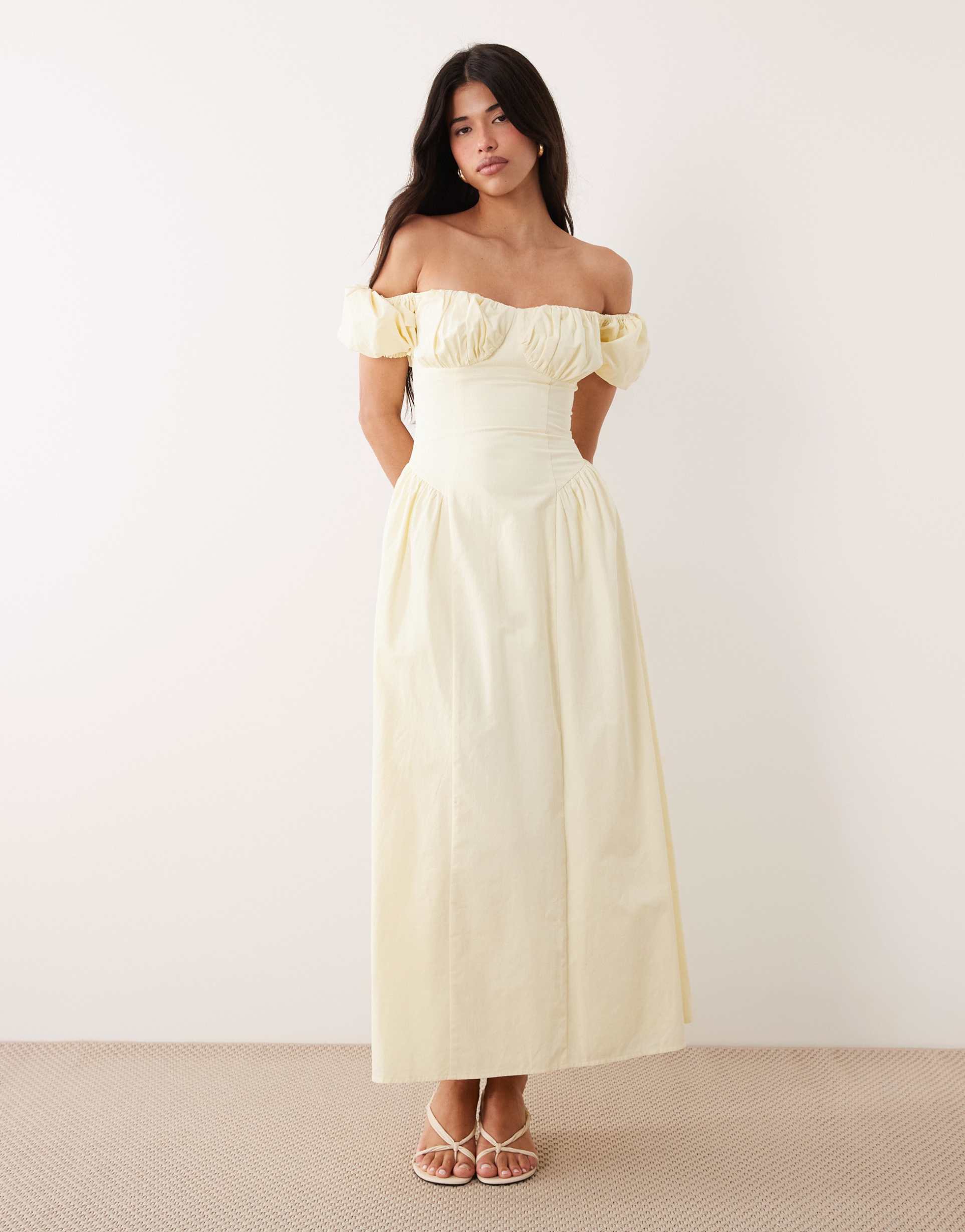 kaiia exclusive puff sleeve hip pleated detailing cotton milkmaid maxi dress in lemon
