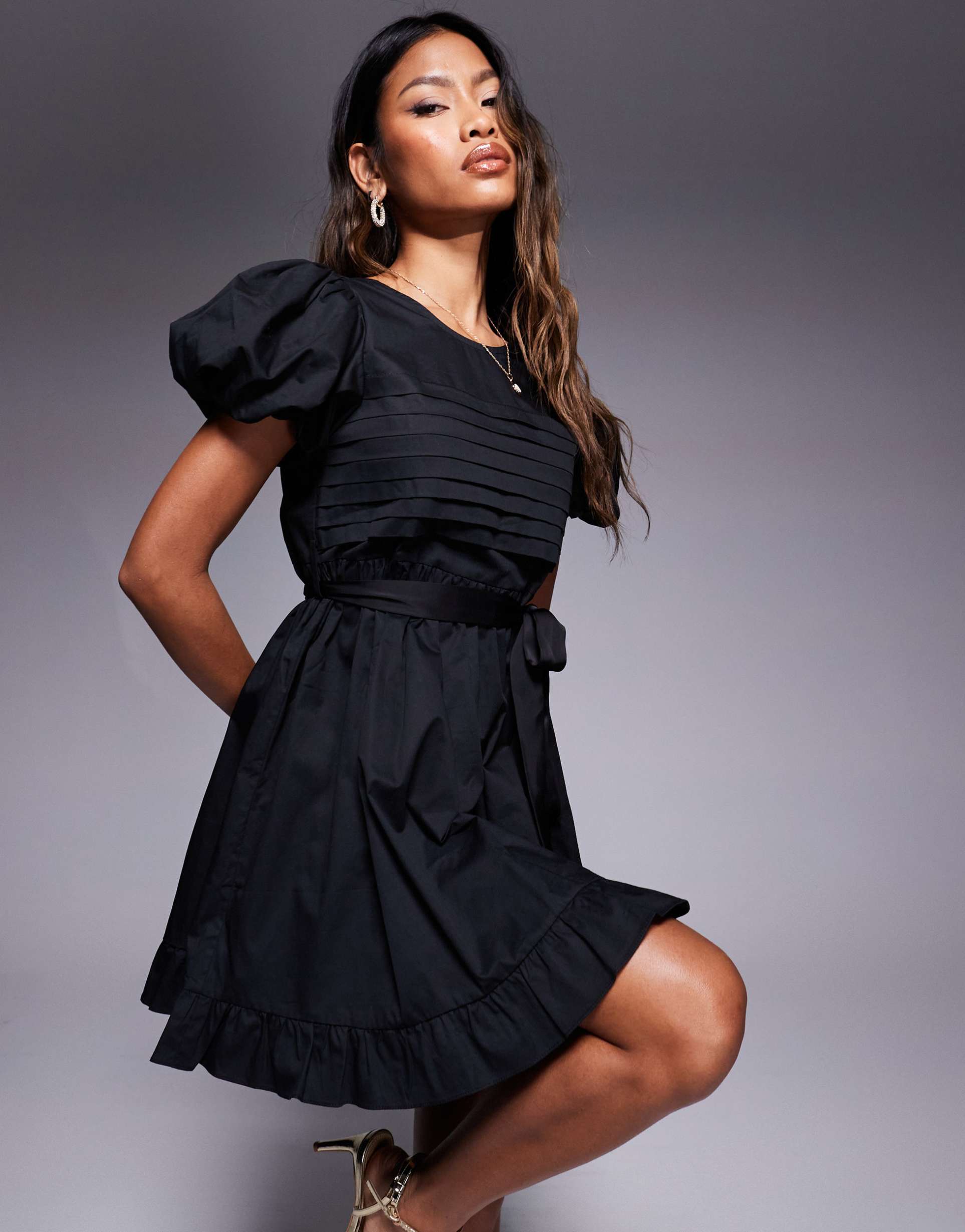 kaiia exclusive puff sleeve tie waist babydoll mini dress in black