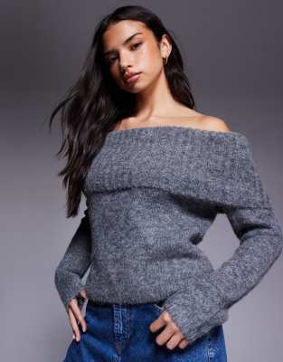 Kaiia - Exclusive - Pullover aus Strukturstrick mit Wollhaptik in Anthrazit mit breit umgeschlagenem Carmen-Ausschnitt-G...