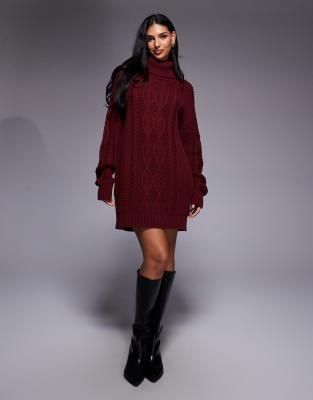 Kaiia - Exclusive - Pulloverkleid aus Rippstrick in Burgunderrot mit lockerem Schnitt und Rollkragen