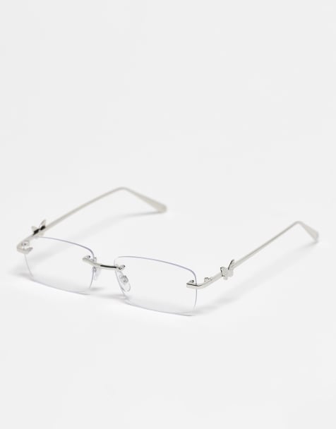 Kaiia exclusive rectangular rimless blue light lens butterfly detail glasses in silver - view 1