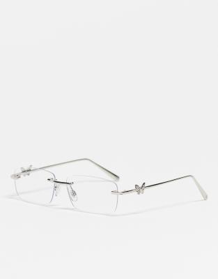 Kaiia exclusive rectangular rimless clear lens butterfly detail glasses in silver - view 1