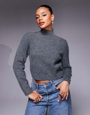 Kaiia - Exclusive - Relaxed-Fit-Strickpullover in Anthrazitgrau mit hohem Kragen aus ausgestellten Ärmeln