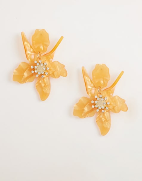 Kaiia exclusive resin diamante detail drop flower earrings in orange - view 1