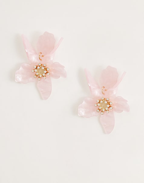 Kaiia exclusive resin diamante detail drop flower earrings in pink - view 1