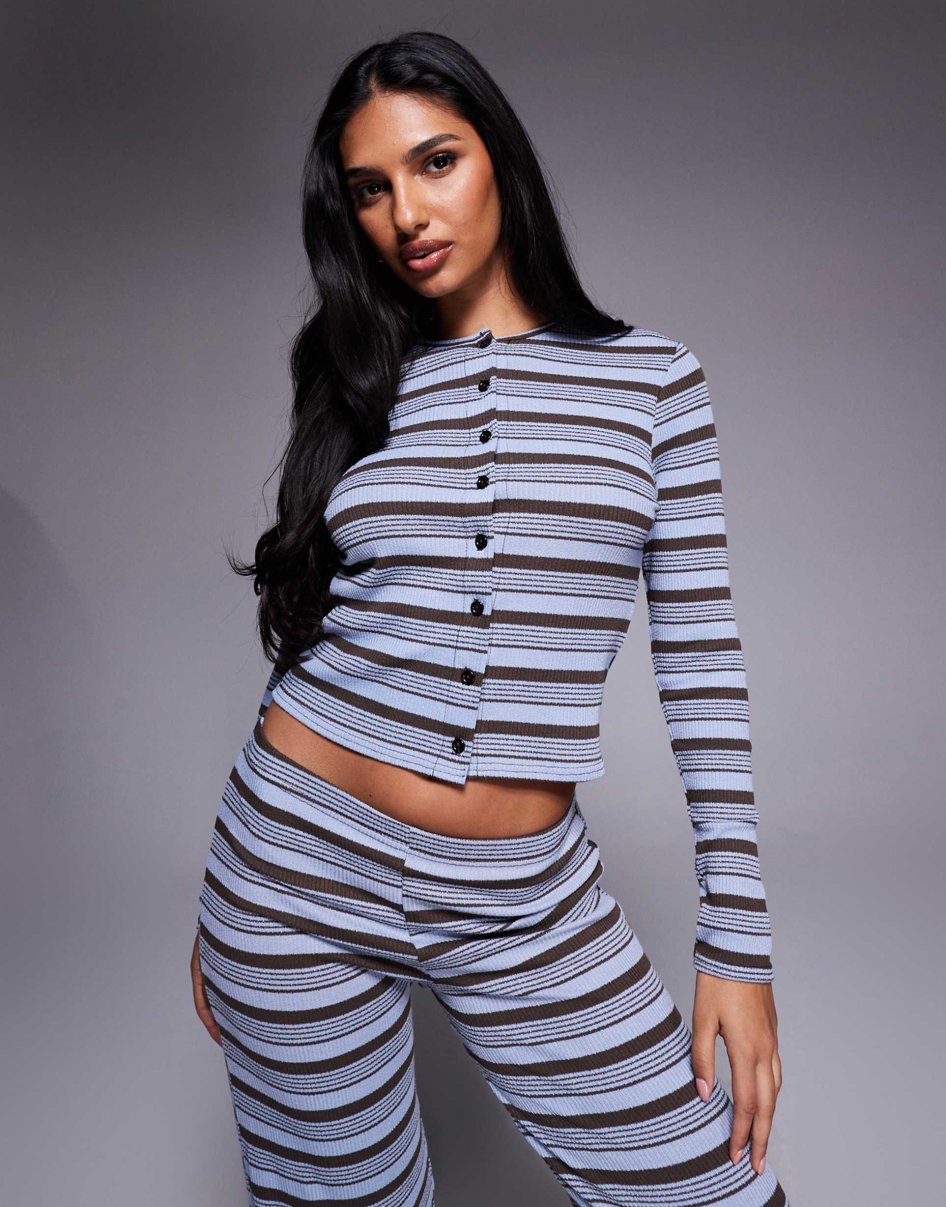 kaiia exclusive rib knit button up cardigan top in blue and chocolate stripes - part of a set