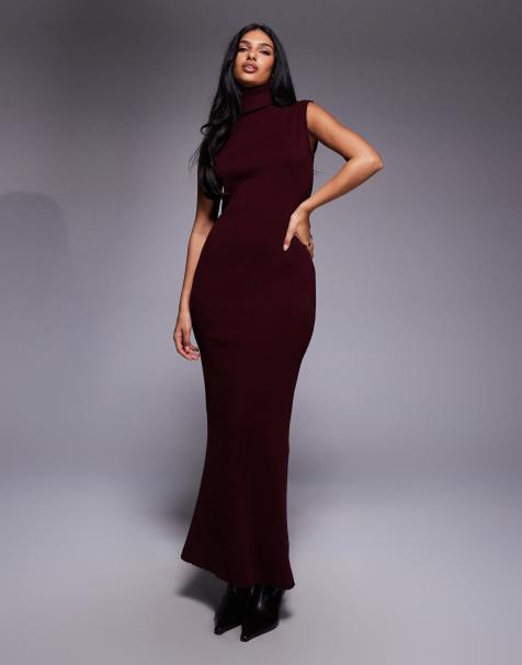 Kaiia exclusive rib knit high neck sleeveless maxi dress in burgundy - view 1