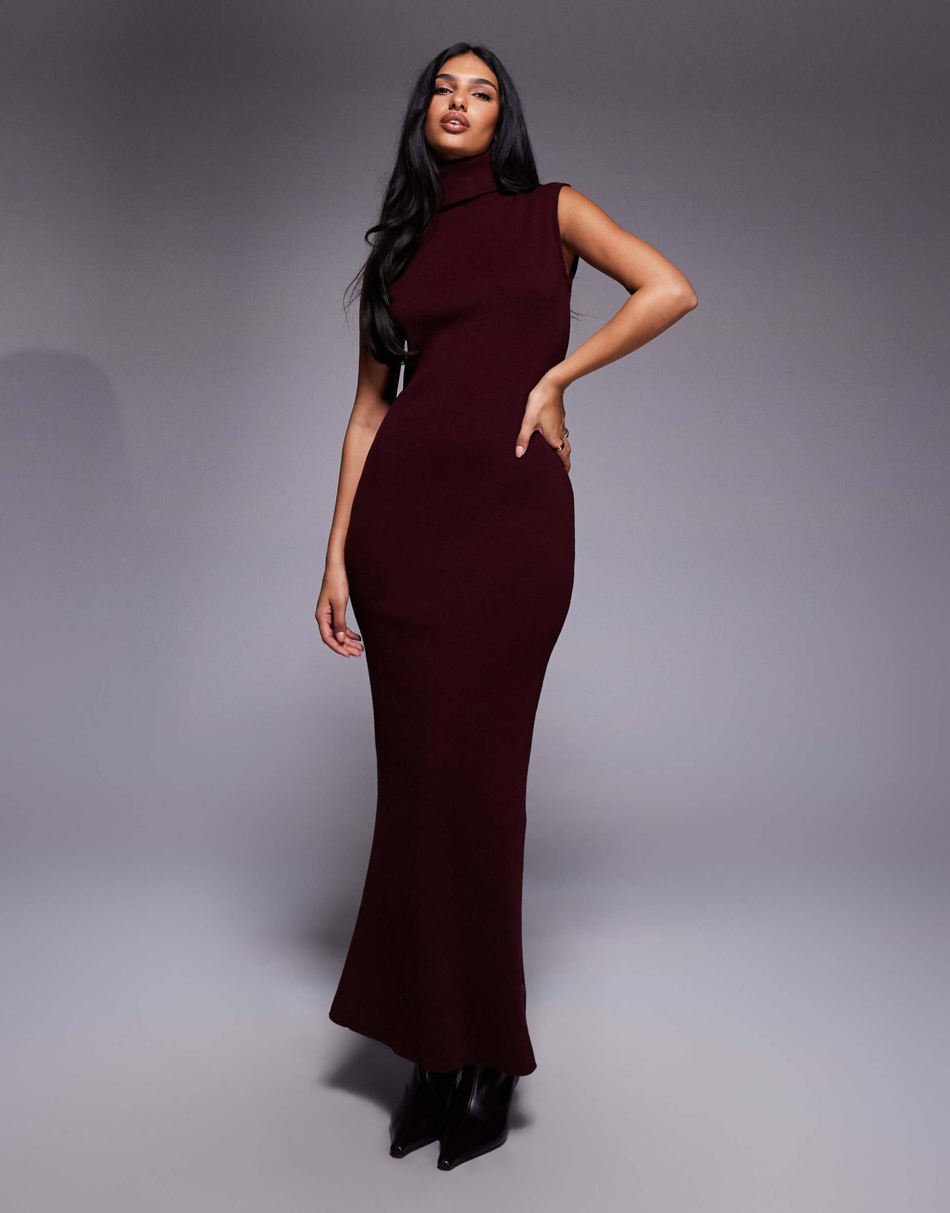 kaiia exclusive rib knit high neck sleeveless maxi dress in burgundy