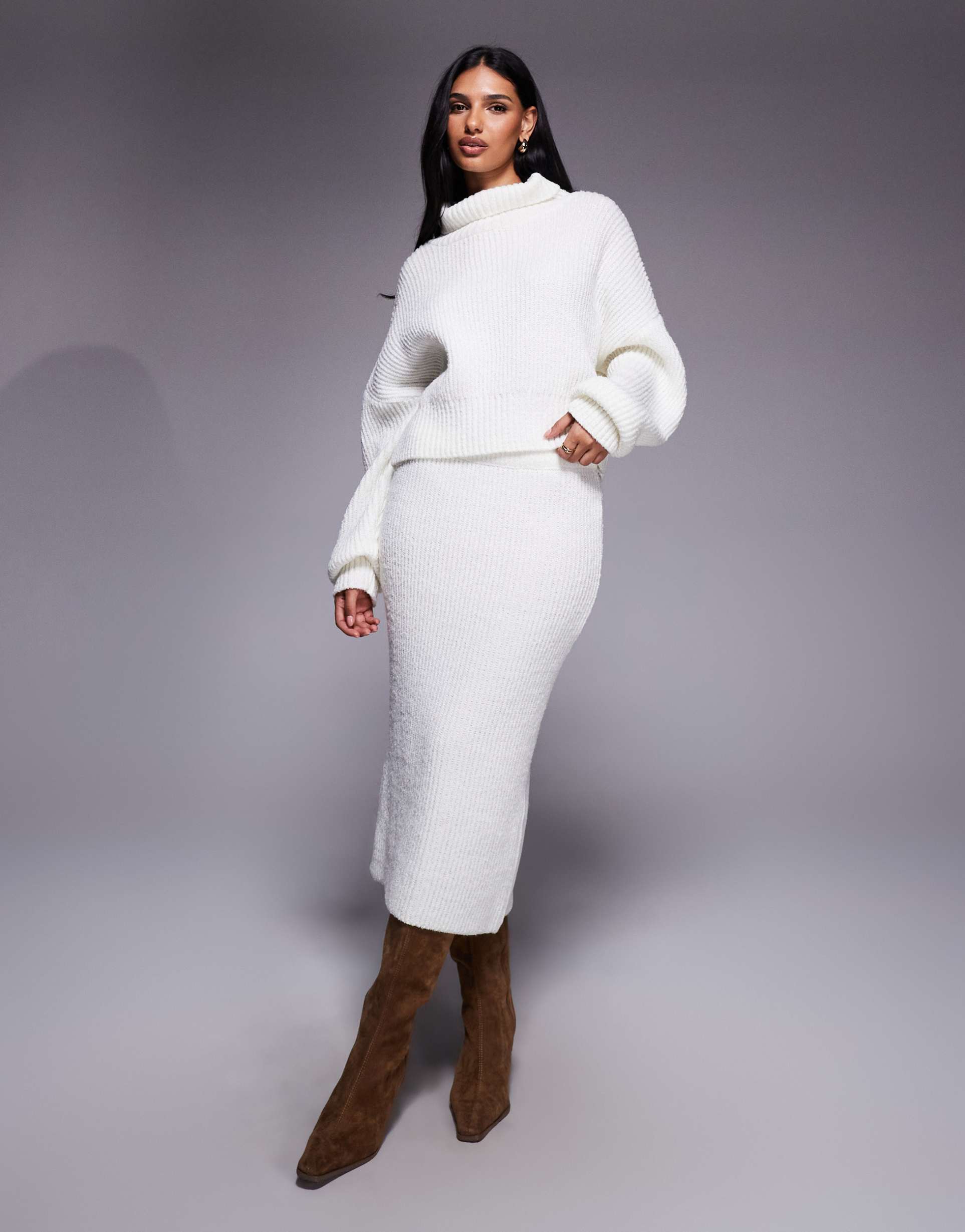 kaiia exclusive rib knit midi skirt in cream - part of a set