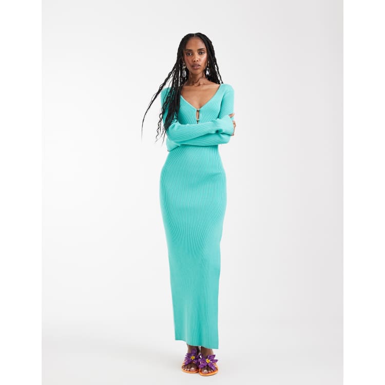 Kaiia exclusive rib knit plunge v-neck flared sleeves thigh slit maxi dress  in turquoise | ASOS