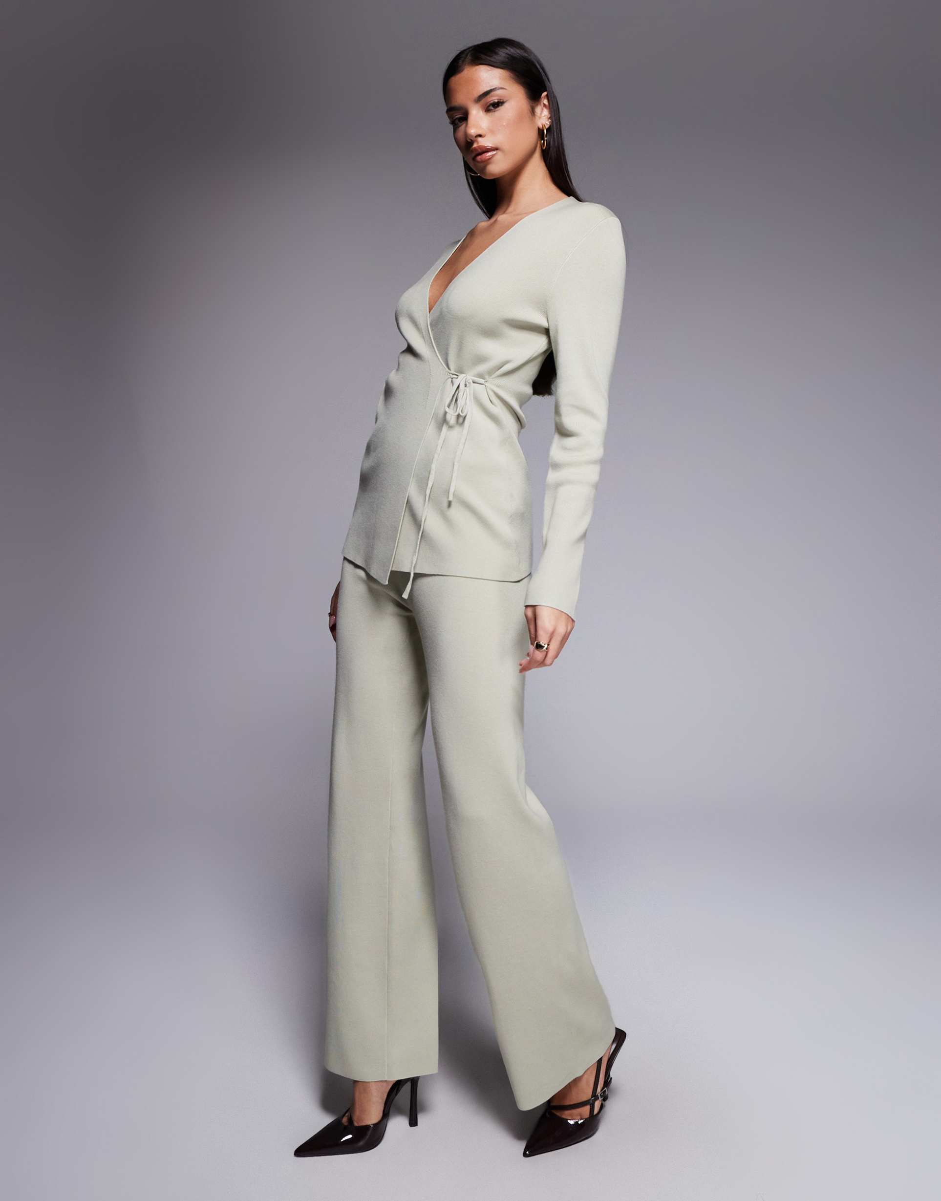 kaiia exclusive rib knit wide leg pants in sage - part of a set