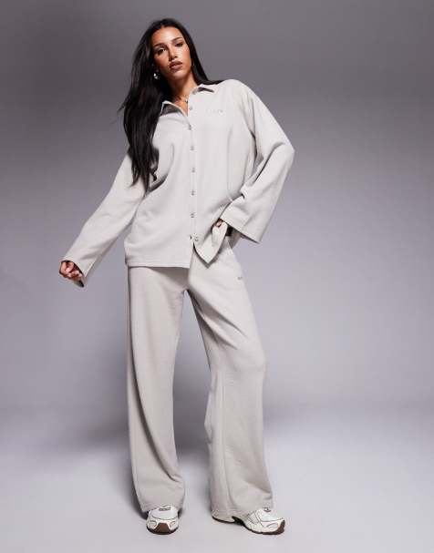 Kaiia exclusive ribbed button front top and straight leg pants set in gray - view 1