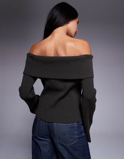 Kaiia exclusive ribbed foldover bardot knitted button detail flare sleeve jumper in chocolate, 2 of 4