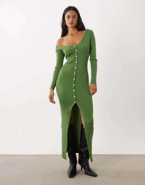 Kaiia exclusive ribbed knit asymmetric neckline button through maxi dress in green - view 1