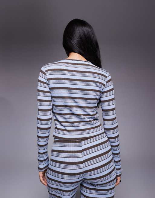Kaiia exclusive ribbed knit button through cardigan top in blue and chocolate stripe (part of a set), 4 of 4