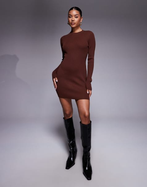 Kaiia exclusive ribbed knit flared sleeve mini jumper dress in chocolate - view 1
