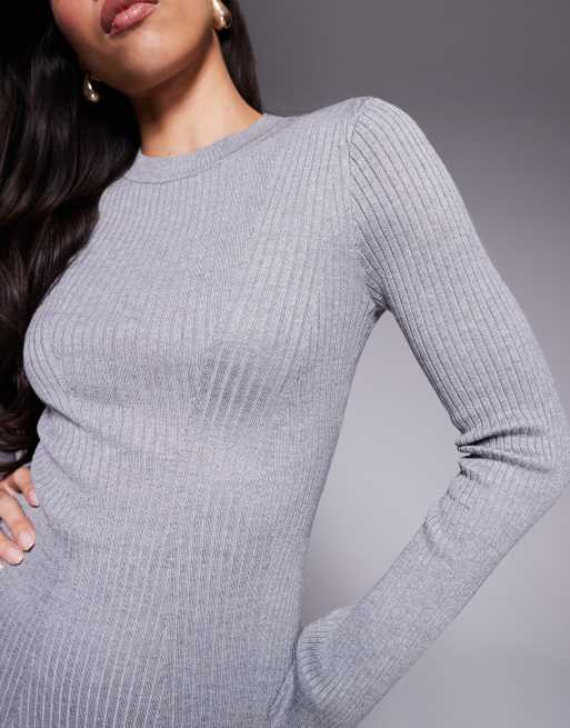 Kaiia exclusive ribbed knit flared sleeve mini jumper dress in grey marl, 2 of 4