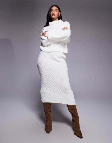 Kaiia exclusive ribbed knit high neck balloon sleeve jumper and midi skirt co-ord in cream - view 1
