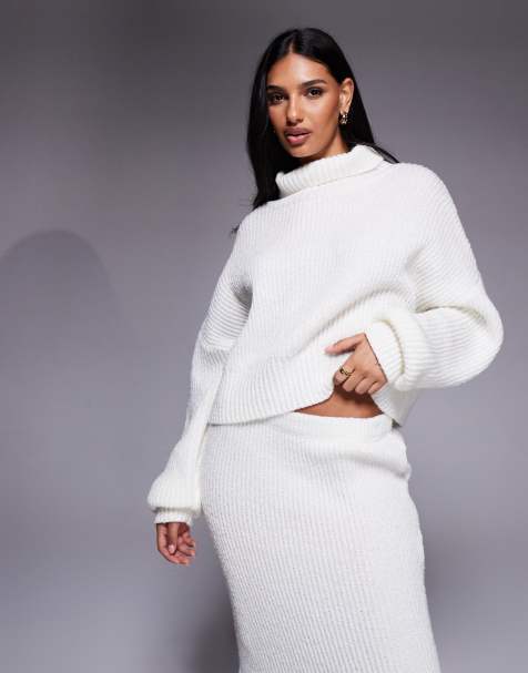 Kaiia exclusive ribbed knit high neck balloon sleeve jumper in cream (part of a set) - view 1