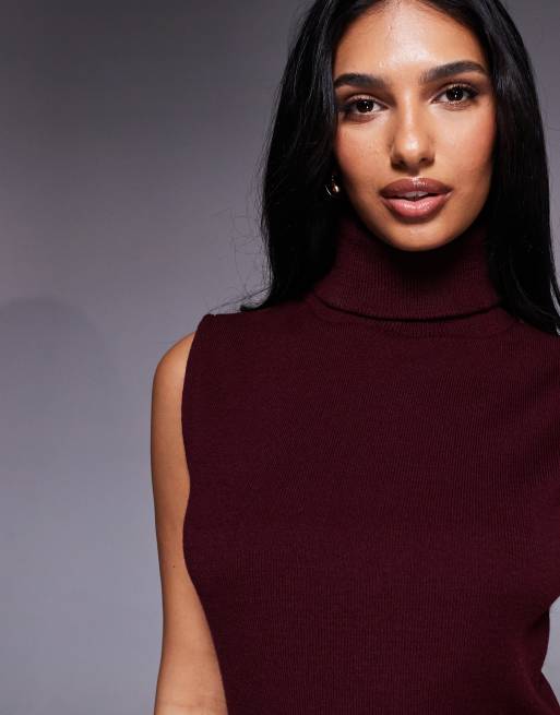 Kaiia exclusive ribbed knit high neck sleeveless maxi dress in burgundy, 3 of 4