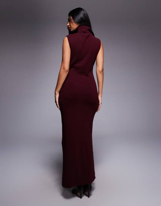 Kaiia exclusive ribbed knit high neck sleeveless maxi dress in burgundy, 4 of 4