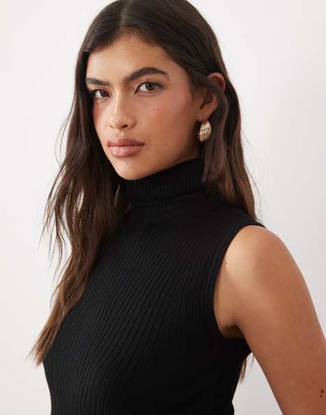 Kaiia exclusive ribbed knit high neck sleeveless top in black - view 1