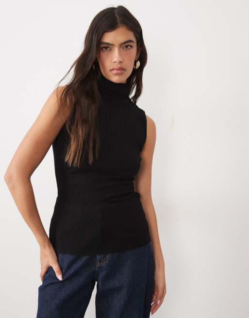 Kaiia exclusive ribbed knit high neck sleeveless top in black, 3 of 4