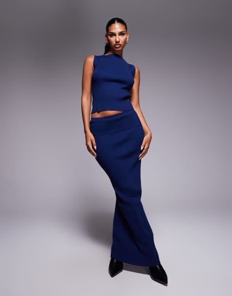 Kaiia exclusive ribbed knit maxi skirt in navy (Part of a set) - view 1
