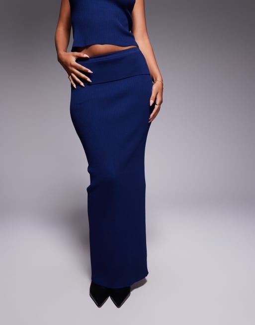 Kaiia exclusive ribbed knit maxi skirt in navy (Part of a set), 4 of 5