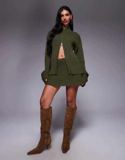 Kaiia exclusive ribbed knit mini skirt co-ord in olive - view 1